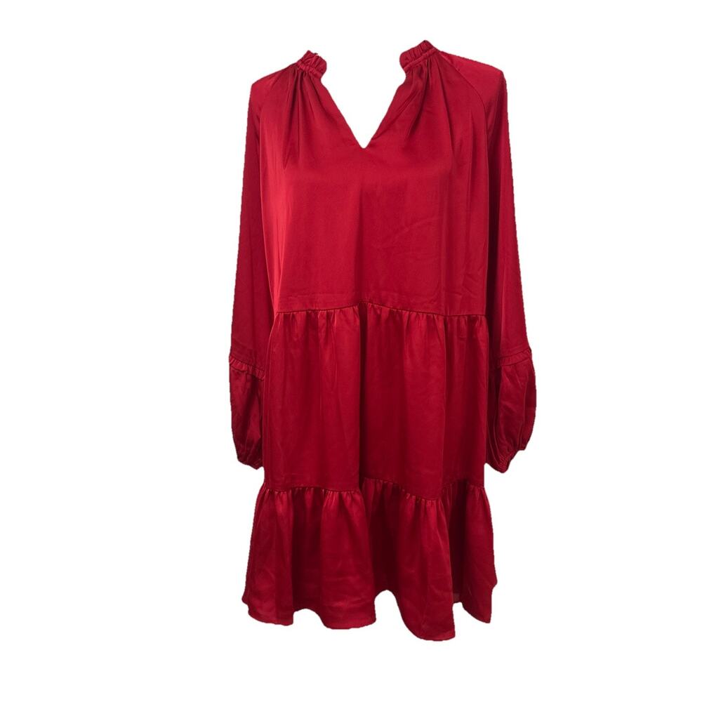 CeCe Satin Ruffle Shift V-Neck Puff Sleeve Tier Dress L Red Soft Silky Flowy